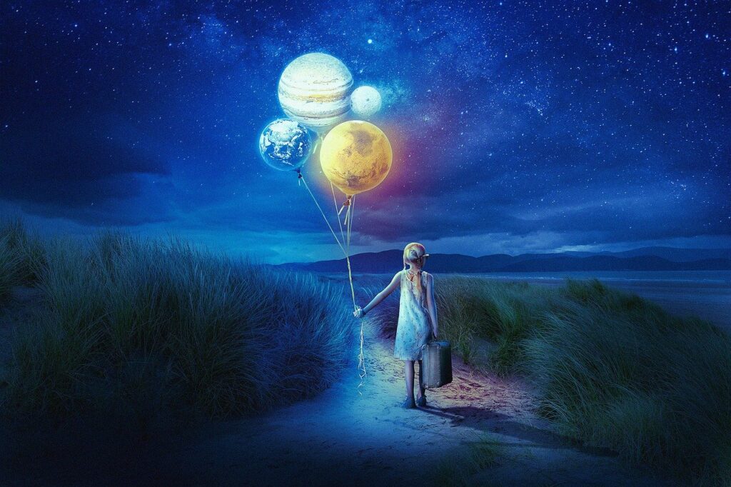 Girl holding balloons in the shape of planets symbolizing your Human Design Integration Journey.